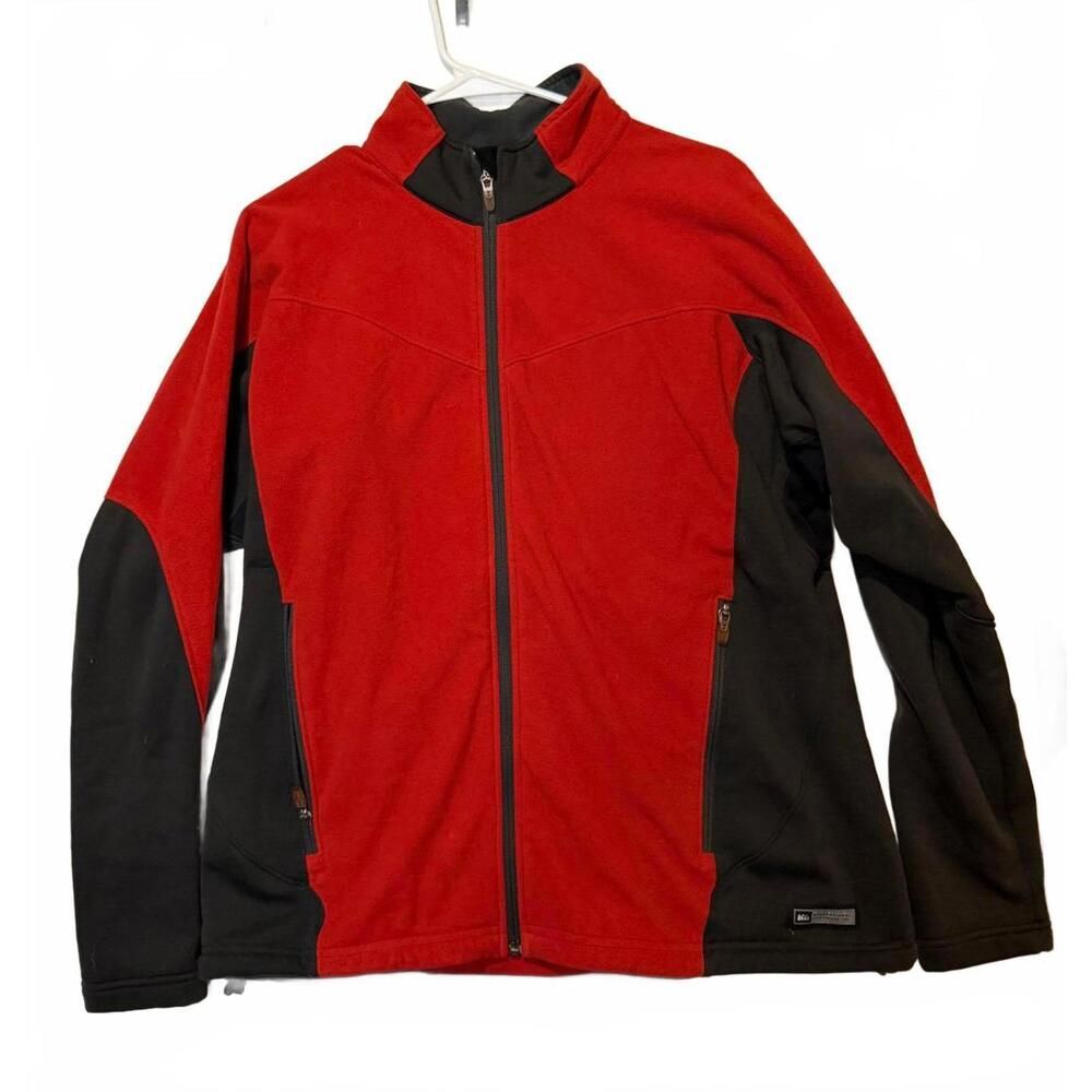 REI Womens XL Full Zip Jacket Red Black Fleece Lined Outdoor Hiking